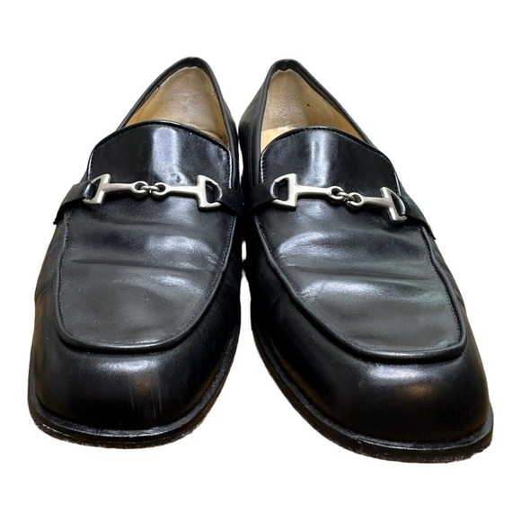 ANN TAYLOR BLACK LEATHER LOAFERS BLOCK HEELS SILVER EQUINE ACCENT 8M Italy - Picture 3 of 9